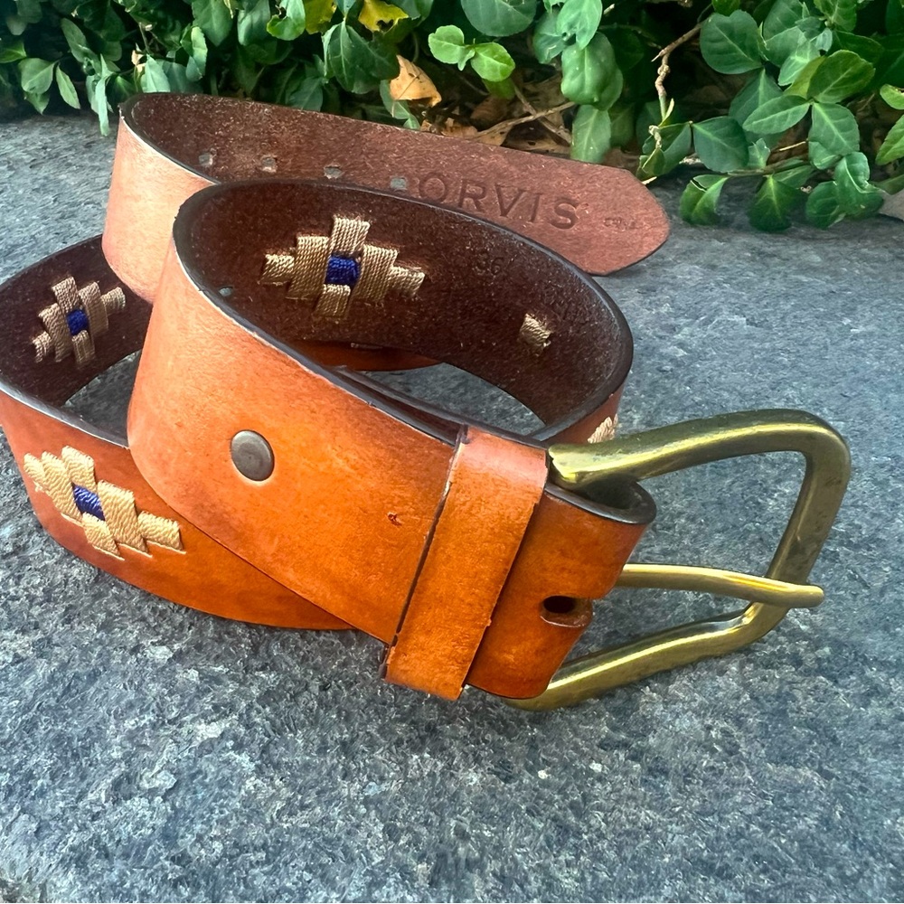 Orvis Leather Belt in Tan with Blue and Cream Cross Stitch Inserts - Size 36